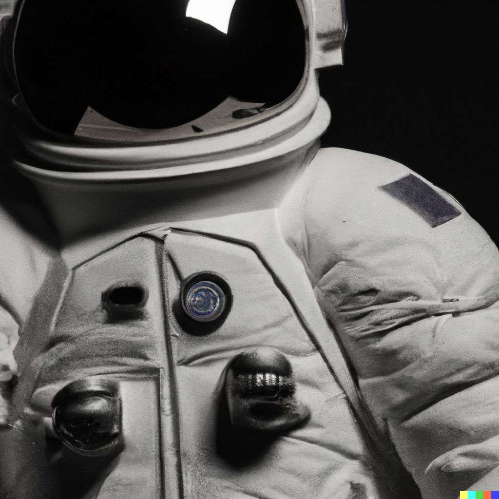 an astronaut, photograph, taken from a low angle